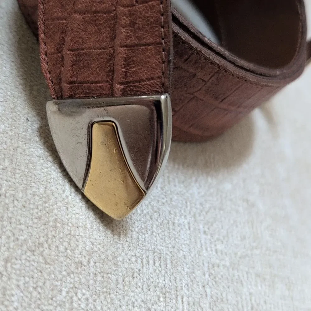 Genuine Leather Croc Embossed Brown Belt Gold & Silver Buckle and Tip Vintage